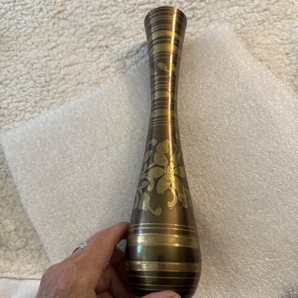 Etched Brass Vase Floral Engraved Vintage Ornate Fluted Boho 11.5